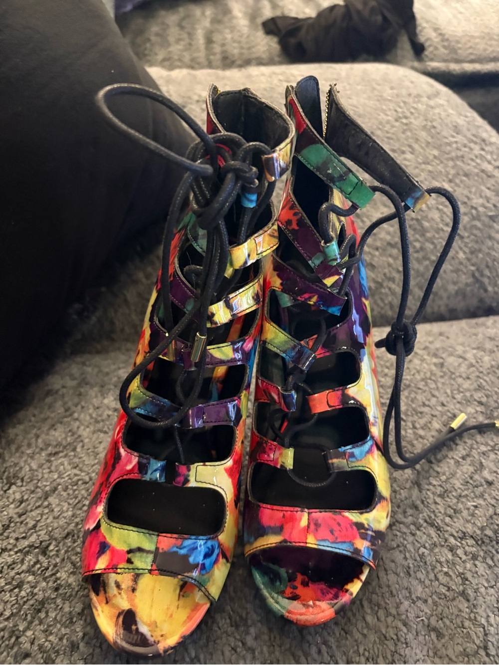 Multicolor Lace-Up Open-Toe Heels with Vibrant Watercolor Print